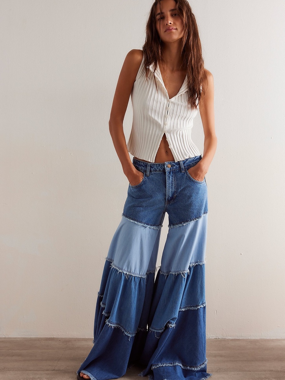 Free People High Rise extreme Wide-Leg Tiered Patchwork Jeans
